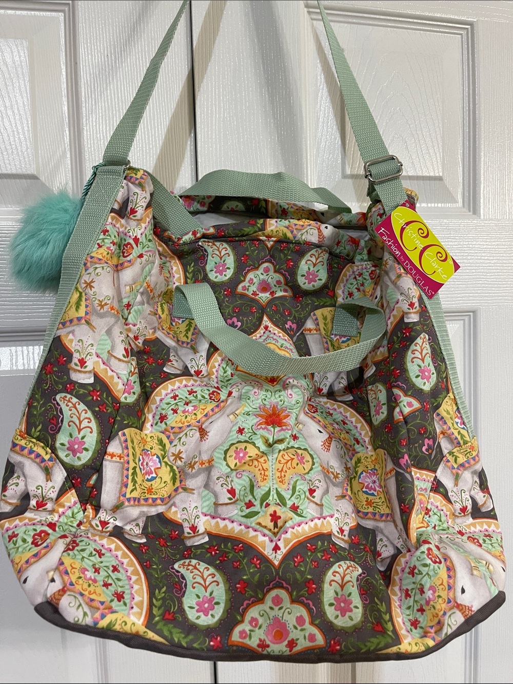 Patterned Tote Bag with Mint Straps